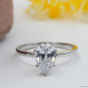 Solitaire Engagement Ring, Pear Solitaire Bridal Ring, Simulated Diamond Solitaire Ring, Silver CZ Ring Women, One Stone Ring, Promise Ring