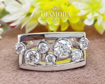 7 Stone Rain drop Ring, Round Moissanite Bezel Set Engagement Ring, Two Row Seven Stone Split Shank Bubble Ring, Scatter Ring In Silver