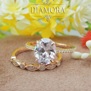 Oval Moissanite Hidden Halo Engagement Ring Set, Marquise Shape And Round Milgrain Band Her, Vintage Bridal Wedding Rings, Promise Ring Set