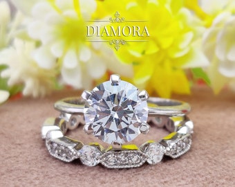 Conjunto de anillo de compromiso Moissanite redondo, conjunto de anillo de boda Art Deco, conjunto nupcial de 2 piezas, banda de boda Art Deco Miligarin de eternidad completa en plata