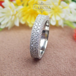 Round Moissanite Wedding Band, Micro Pave Band, Full Eternity Wedding Band, Matching Band For Women, 925 Silver Band, Anniversary Gift Her