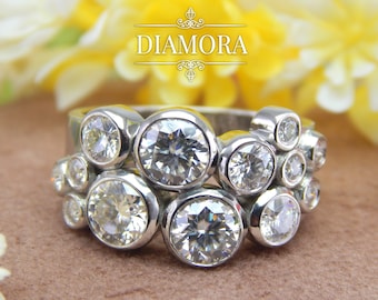 Rain drop Ring, Round Moissanite Bezel Set Ring, Bubble Ring, Scatter Ring,925 Sterling Silver Wide Ring Women, Rain Drop Cluster Ring Women