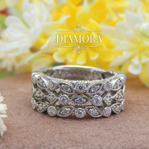 Art Deco Vintage Style  Eternity Wedding Band Women, Round Cut Moissanite 925 Sterling Silver Ring, Bezel Set Miligrain Diamond Silver Band