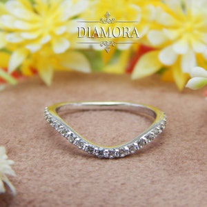Round Cut Moissanite Diamond Wedding Band, Half Eternity Curved Band For Women, Micro Pave Stacking Band, Minimalist U Shape Band For Her