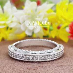 Round Moissanite Wedding Band Women, Art Deco Vintage Style Band, Matching Unique  Band, 10K/14K/18K  Gold Band, Stacking Silver Ring Women