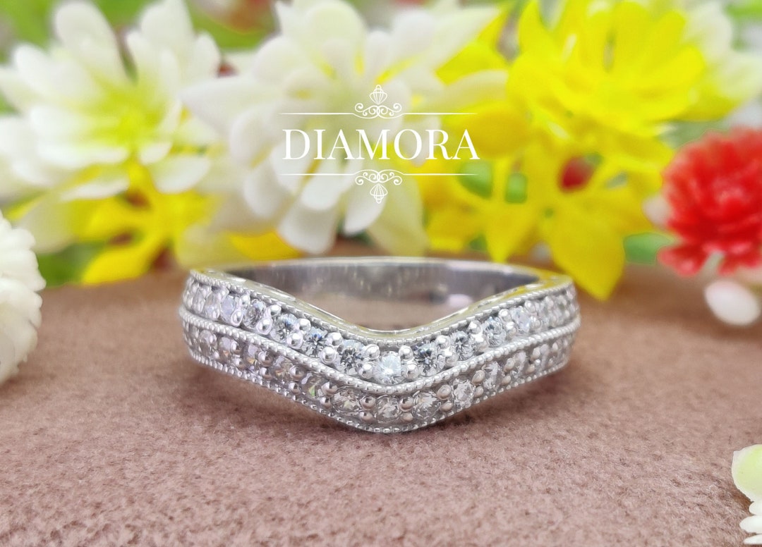 Milgrain Round Moissanite Chevron Wedding Band, Sterling Silver Pave ...