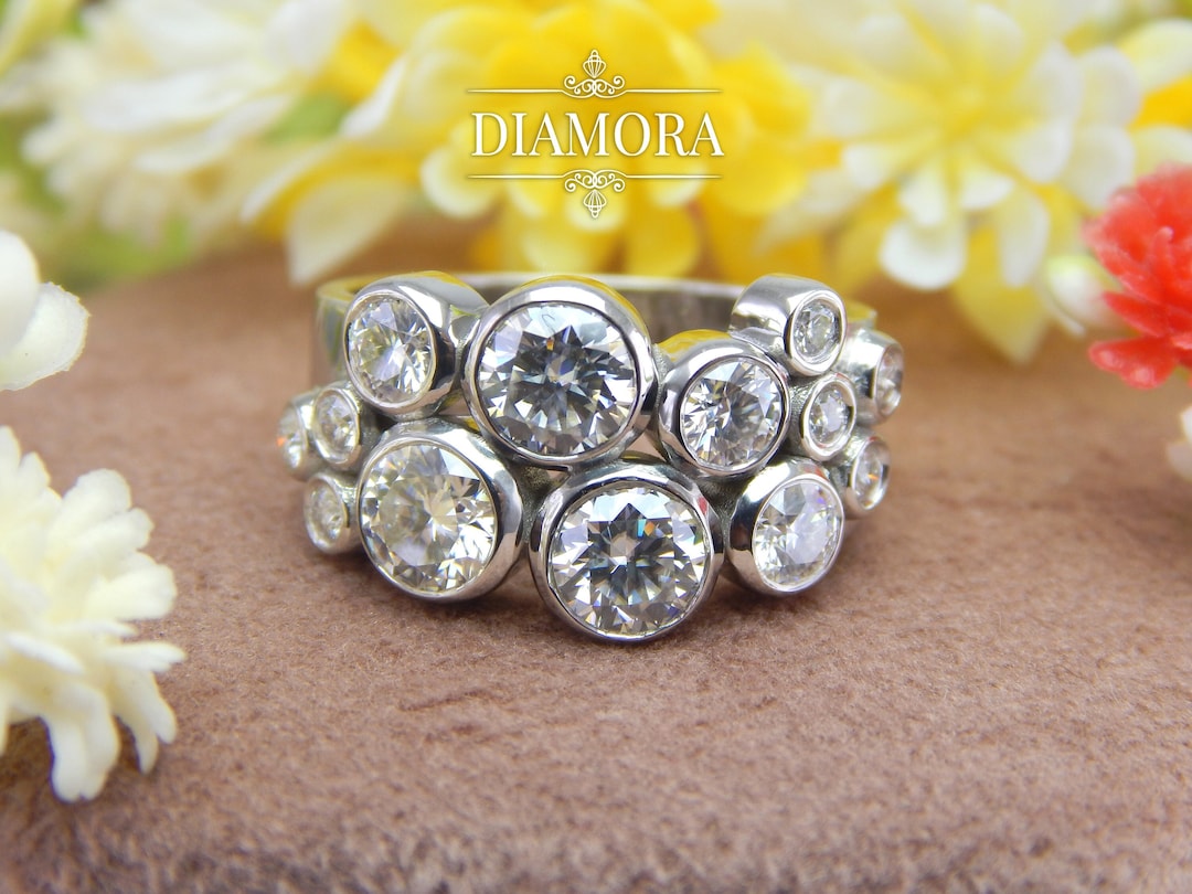 Raindance Ring, Round Moissanite Bezel Set Ring, Bubble Ring, Scatter