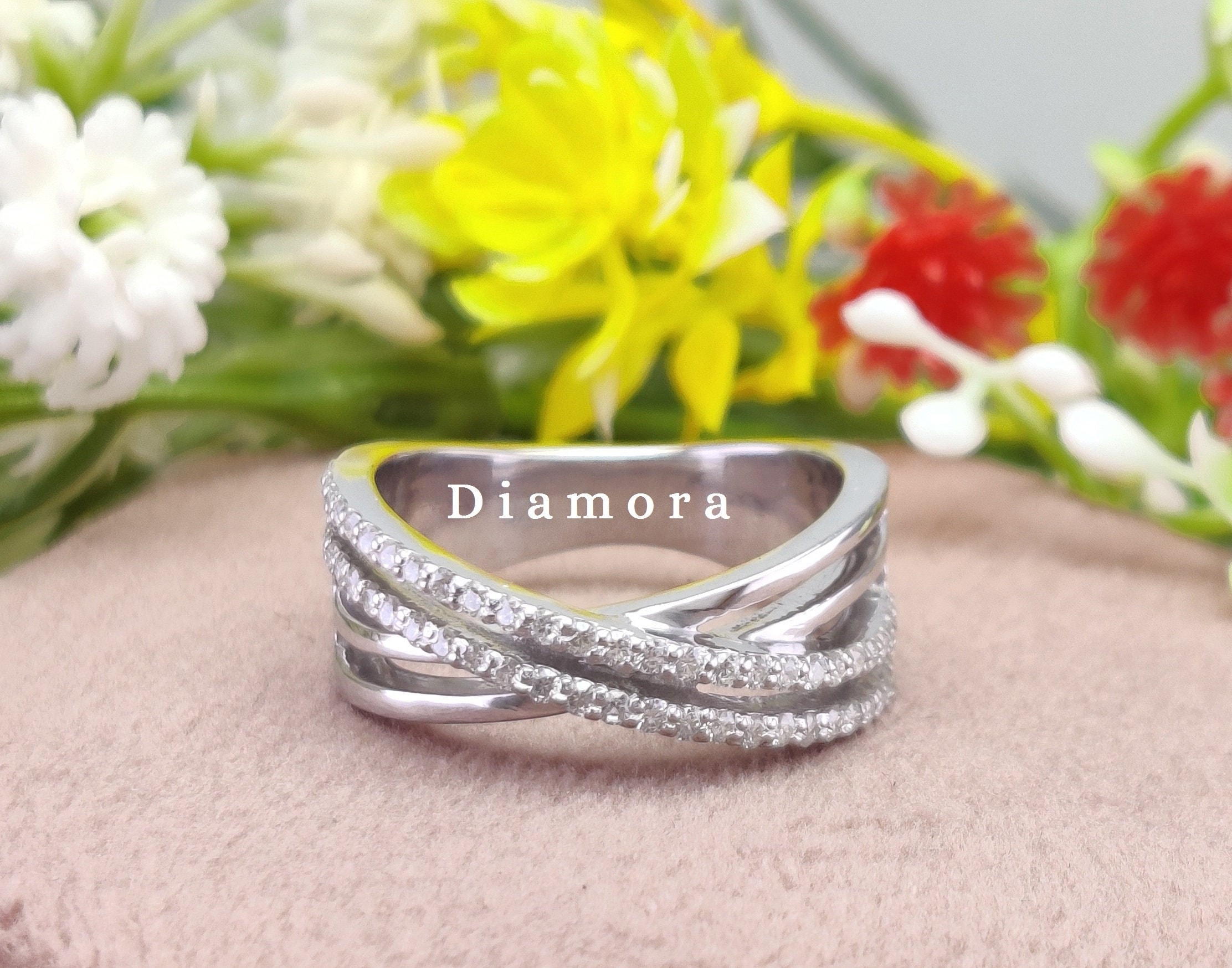 Criss Cross Infinity Ring Women, Half Eternity Moissanite Band, Twisted Row Bypass Wedding Ring, Unique Sterling Silver Jewelry Gift For Her