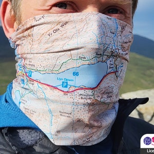 Ogwen Valley OS Map Snood, Snowdonia sjaal, Eryri, Buff, Neckwarmer, Face Mask, nek sjaal, Gaiter, Neck Tube, Cadeau voor mannen, draagbare kaart