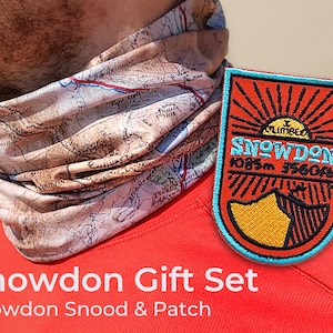 Snowdon Souvenir Set, Map Snood, Patch, Snowdonia Gift, Buff, Hiking Patch, Face Mask, Climb Snowdon, Gaiter, Bufanda de cuello, Gift Men, al aire libre