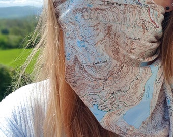 Bufanda con mapa de Snowdon OS: Calentador de cuello y mascarilla facial Snowdonia