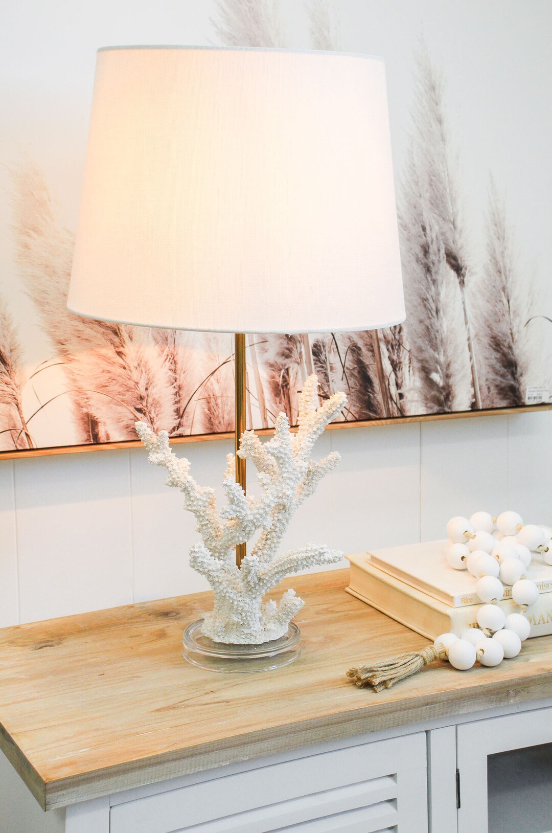 White Coral Lamp Base Includes Linen Lampshade Statement Etsy