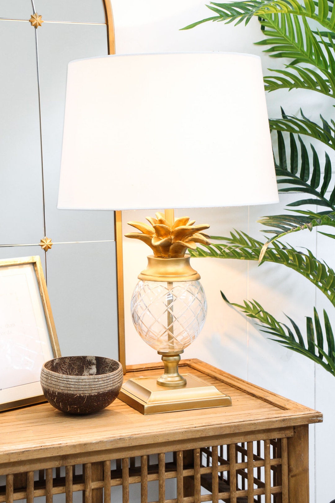 Glass Pineapple Lamp Base Includes Linen Lampshade Gold Etsy