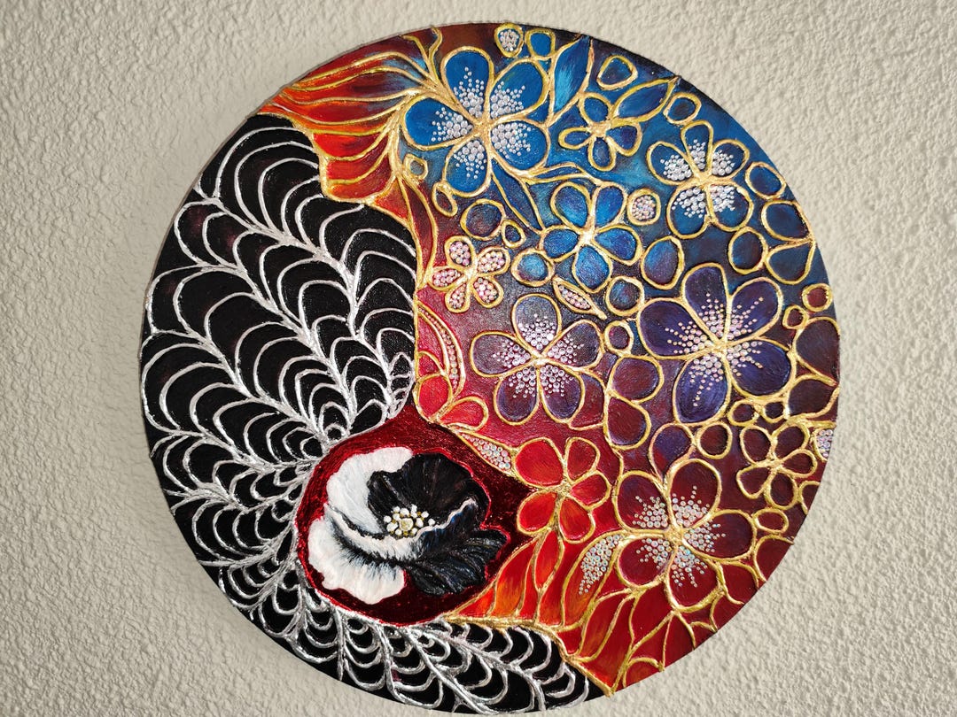 Textured Black and Gold Floral Abstract Painting on Round Canvas - Etsy