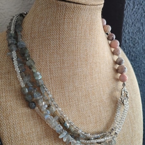Multi-Strand Labradorite & Agate Necklace – Natural Gemstone Jewelry, Healing Crystals, Elegant Statement Necklace, 53cm Chain