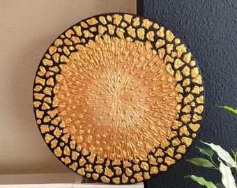 Golden Textured Abstract Wall Art | 3D Modern Round Painting | Luxury Gold & Black Home Decor | Metallic Sunburst Artwork