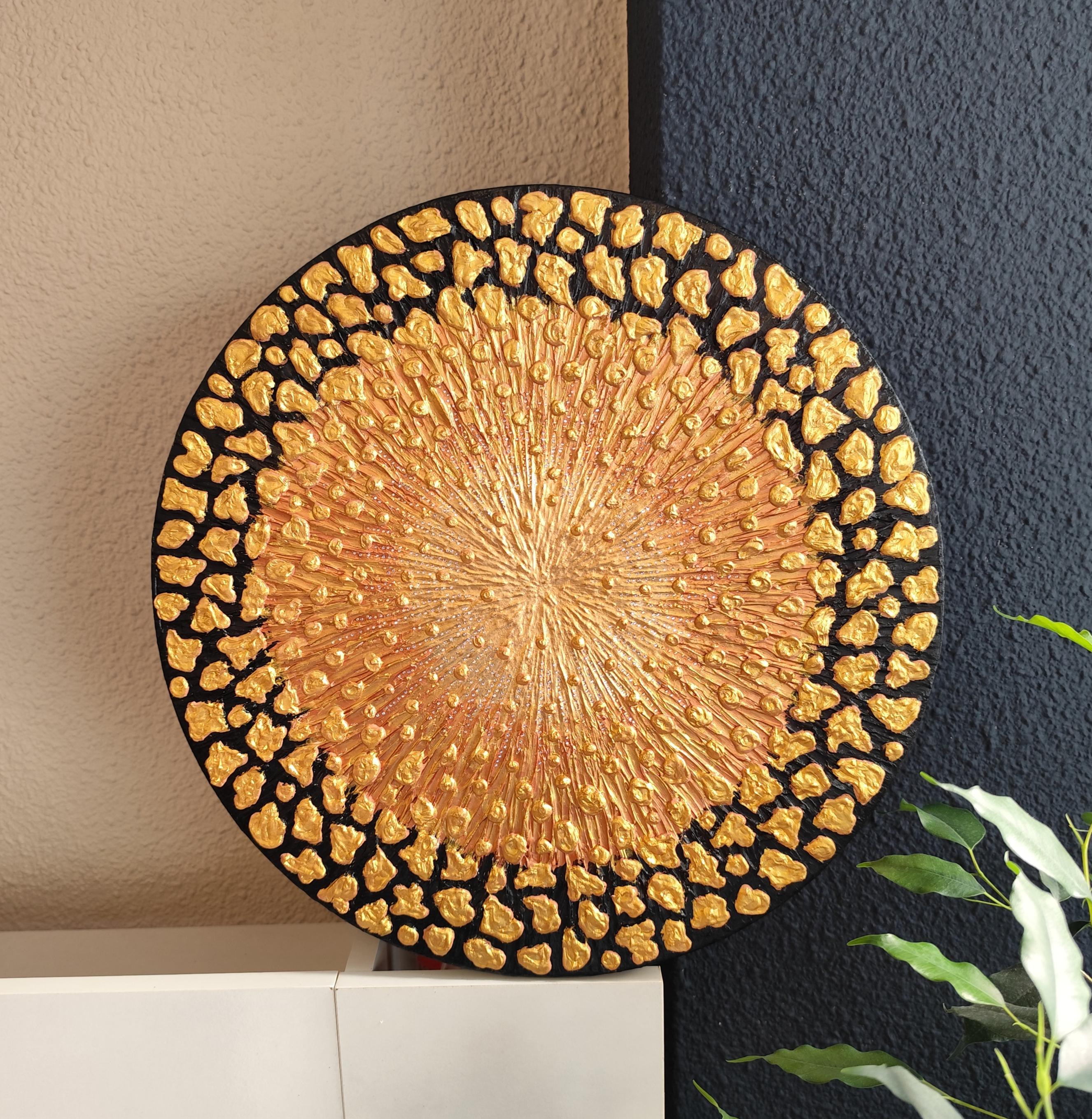 Golden Textured Abstract Wall Art | 3D Modern Round Painting | Luxury