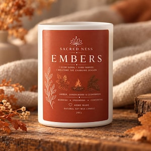 May include: A white cylindrical candle in a glass container with a rust-coloured label. The label features the text SACRED NESS EMBERS, I SLOW DOWN, I TURN INWARD, I WELCOME THE CHANGING SEASON, AMBER, SANDALWOOD & CEDARWOOD, HOME MADE, NATURAL SOY WAX CANDLE, 20CL.