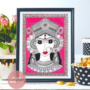 Goddess Durga, Handmade Madhubani, Indian Art, Digital Download, Wall Art, Indian Puja Art, Home Decor, Navratri, Durga Pujo Festive Art