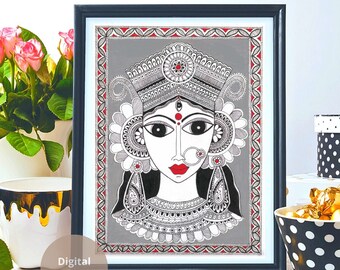 Goddess Durga Madhubani Art Print – Hindu Devi Wall Decor, Navratri Puja Poster, Printable Spiritual Artwork