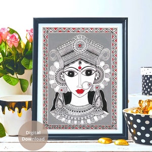 Göttin Durga, Handgefertigte Madhubani, Indische Kunst, Digitaler Download, Wandkunst, Indische Puja Kunst, Wohnkultur, Navratri, Durga Pujo Festliche Kunst