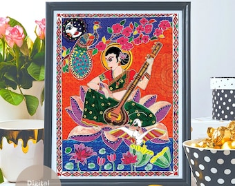 Goddess Saraswati Art Print – Madhubani Wisdom Art, Study Room Decor, Printable Hindu Wall Poster