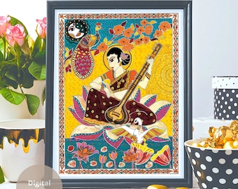 Goddess Saraswati Madhubani Print – Hindu Goddess Art, Spiritual Wall Decor, Printable Puja Room Poster
