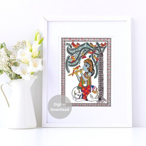 May include: A colorful painting of a Hindu deity playing a flute under a tree with birds. The painting is done in a traditional Indian style with bold lines and bright colors.