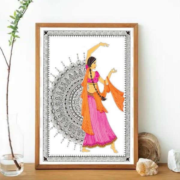 Peinture Madhubani, art mural mandala, danseuse indienne, danseuse kathak, téléchargement numérique, cadeau pour la maison, art mural indien, décoration de salon à la maison