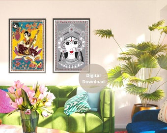 May include: Two framed illustrations of Indian art. The first illustration is a woman playing a musical instrument. The second illustration is a woman's face with intricate details. The illustrations are hanging on a wall in a living room setting.