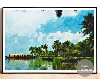 Backwaters du Kerala, Impression de voyage indien, Téléchargement instantané, Art de l'Inde, Art du paysage, Style aquarelle, Art de la salle de séjour, Bureau et décoration d'intérieur