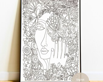 花を持った少女、白黒、ファッションアート、女性のイラスト、モダンな線画、ミニマリストの抽象的なホームデコレーションプリント、ウォールアート