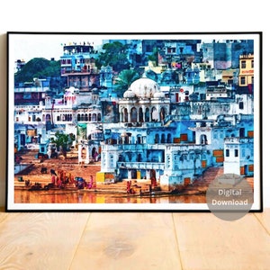 May include: A watercolor painting of a cityscape in India. The buildings are painted in shades of blue, white, and yellow. There are people walking in the streets and a river in the foreground.