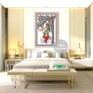 May include: A digital download of a colorful painting depicting a figure playing a flute under a tree with birds. The painting is framed and displayed on a wall in a bedroom setting.