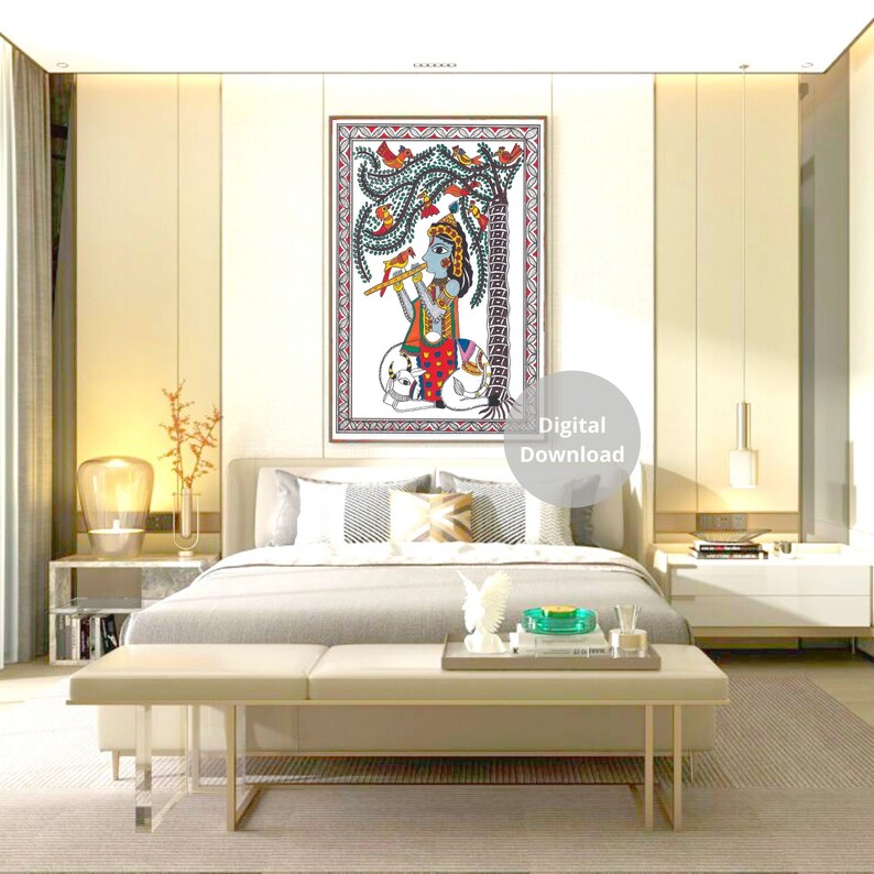 May include: A digital download of a colorful painting depicting a figure playing a flute under a tree with birds. The painting is framed and displayed on a wall in a bedroom setting.