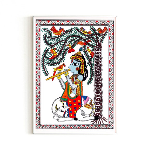 Krishna Madhubani Art Print – Indian Folk Painting, Puja Room Decor, Printable Spiritual Wall Poster