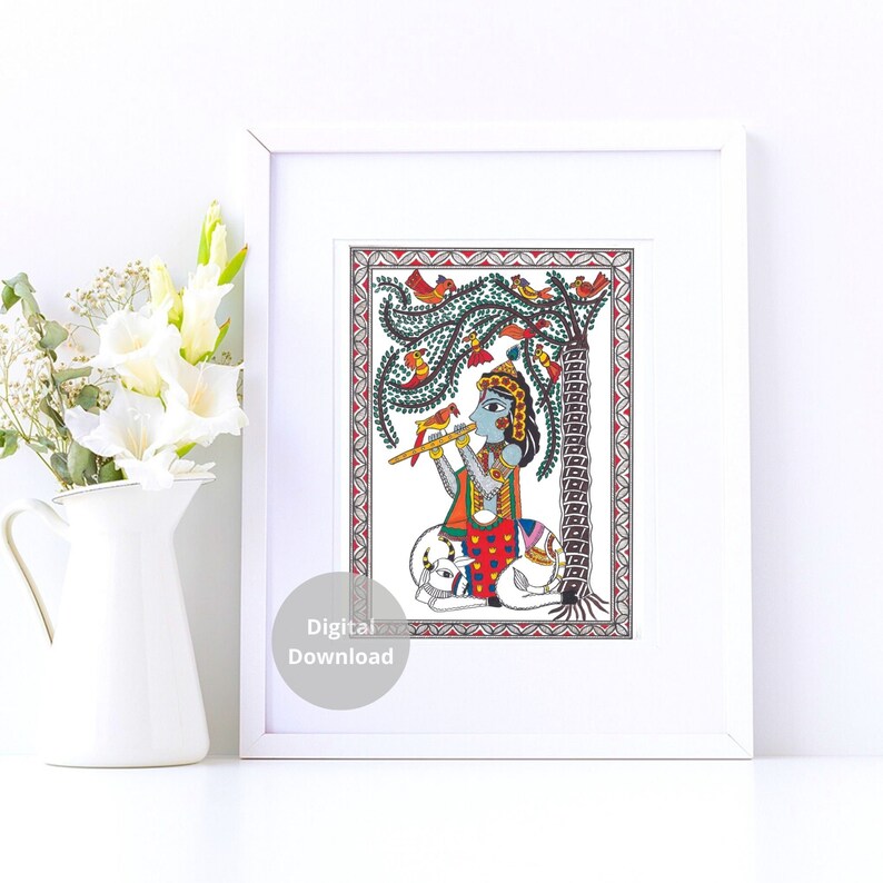 May include: A colorful painting of a Hindu deity playing a flute under a tree with birds. The painting is done in a traditional Indian style with bold lines and bright colors.