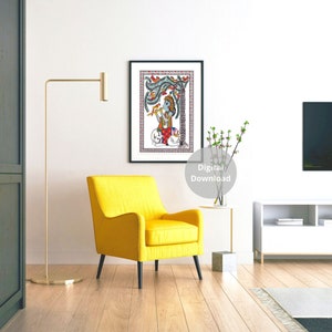 May include: A digital download of a colorful painting depicting a figure playing a flute under a tree with birds. The painting is framed in black and displayed on a white wall in a living room setting.