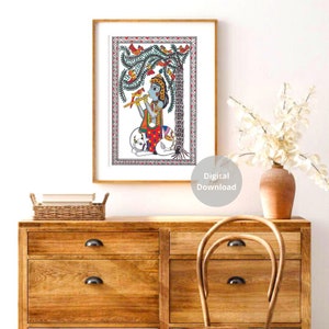 May include: A digital download of a colorful painting depicting a Hindu deity playing a flute under a tree with birds. The painting is done in a traditional Indian style with intricate details.