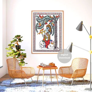 May include: A colorful folk art painting depicting a figure playing a flute under a tree with birds. The painting is framed in a simple wooden frame and is hanging on a white wall.