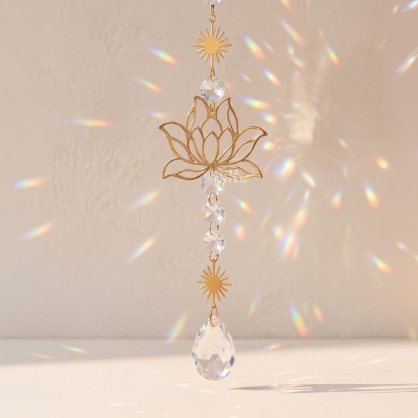 Sonnenfänger Kristall Lotus・Suncatcher Fenster Deko・Kristallanhänger Boho・Handgefertigt Regenbogenmacher・Geschenk für Sie