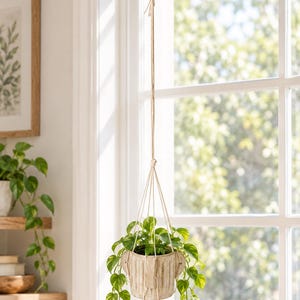 May include: A hanging planter featuring a cylindrical, off-white, ribbed ceramic pot suspended by a natural-colored macrame cord. A vibrant green pothos plant with variegated leaves grows inside the pot, with its vines trailing downwards.