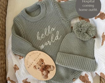 Baby newborn knit set, Newborn outfit, Neutral baby knits, Newborn photoshoot Outfit, Birth Announcements, New baby Gift, Romper Hello world