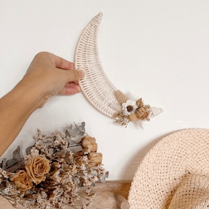 Rattan Moon Wall decor, Boho Moon and Flowers Art Decor, Nursery Baby Wall Decor, Boho Moon Wall Hanging, Kids Wall Decor Bohemian Style,