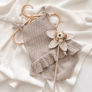 Baby Girl Knitted Romper, Newborn Knitted Outfit, Knit Baby Romper, Boho Baby Romper, Baby Girl Clothing, Bohemian Neutral Romper Ruffle