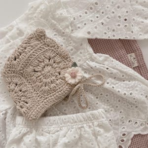 Handmade Crochet Baby Bonnet: Cotton Knit Hat with Flower Applique