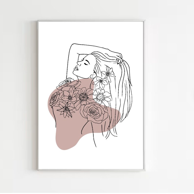 Woman With Flowers Line Art Set of 3 Female Line Art Print Etsy