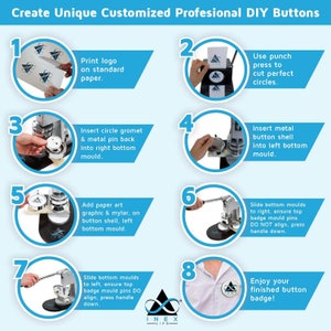 May include: A step-by-step guide on how to create custom DIY buttons using a button maker. The guide shows how to print a logo, cut out circles, insert a metal button shell, add paper art and mylar, and assemble the button.