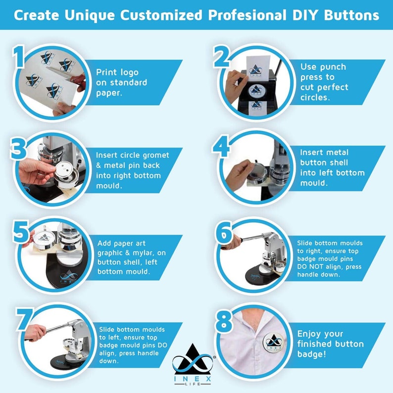 May include: A step-by-step guide on how to create custom DIY buttons using a button maker. The guide shows how to print a logo, cut out circles, insert a metal button shell, add paper art and mylar, and assemble the button.