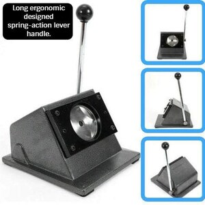 May include: A gray metal circle punch with a long ergonomic lever handle. The punch is designed to cut circles out of paper, cardstock, or other materials.